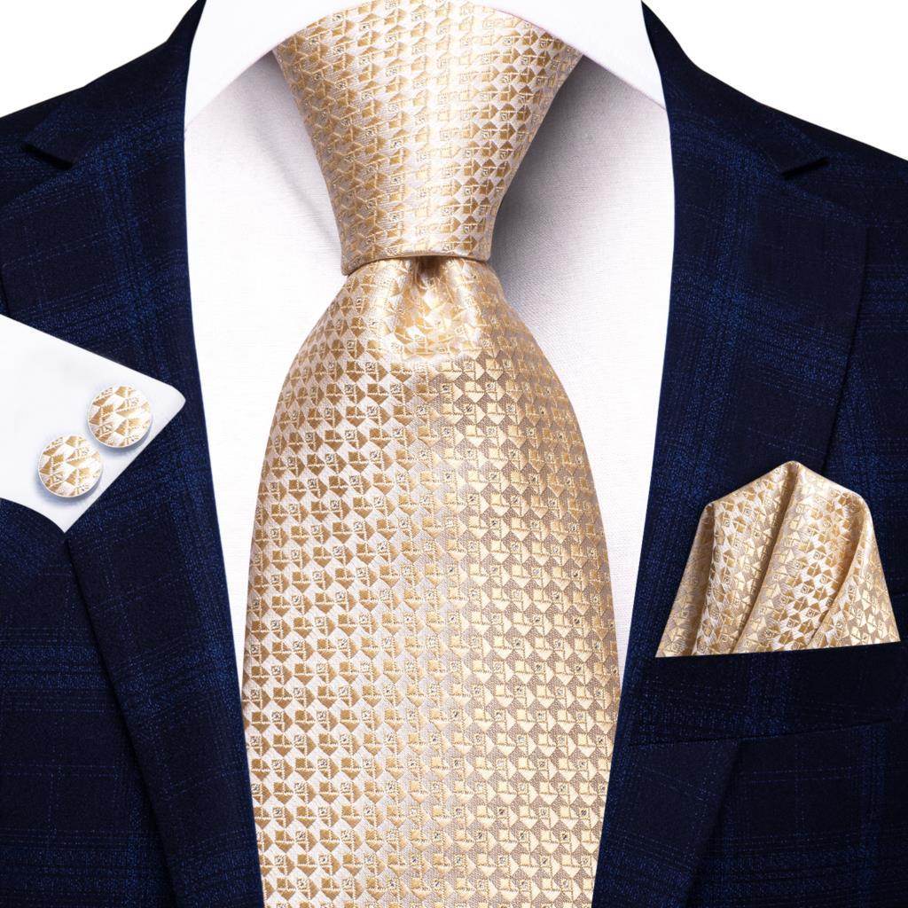 Champagne Gold Striped Paisley Solid Mens Silk Wedding Tie - VacationGrabs