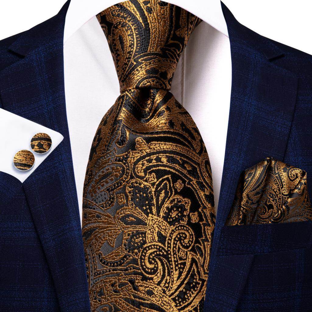 Champagne Gold Striped Paisley Solid Mens Silk Wedding Tie - VacationGrabs