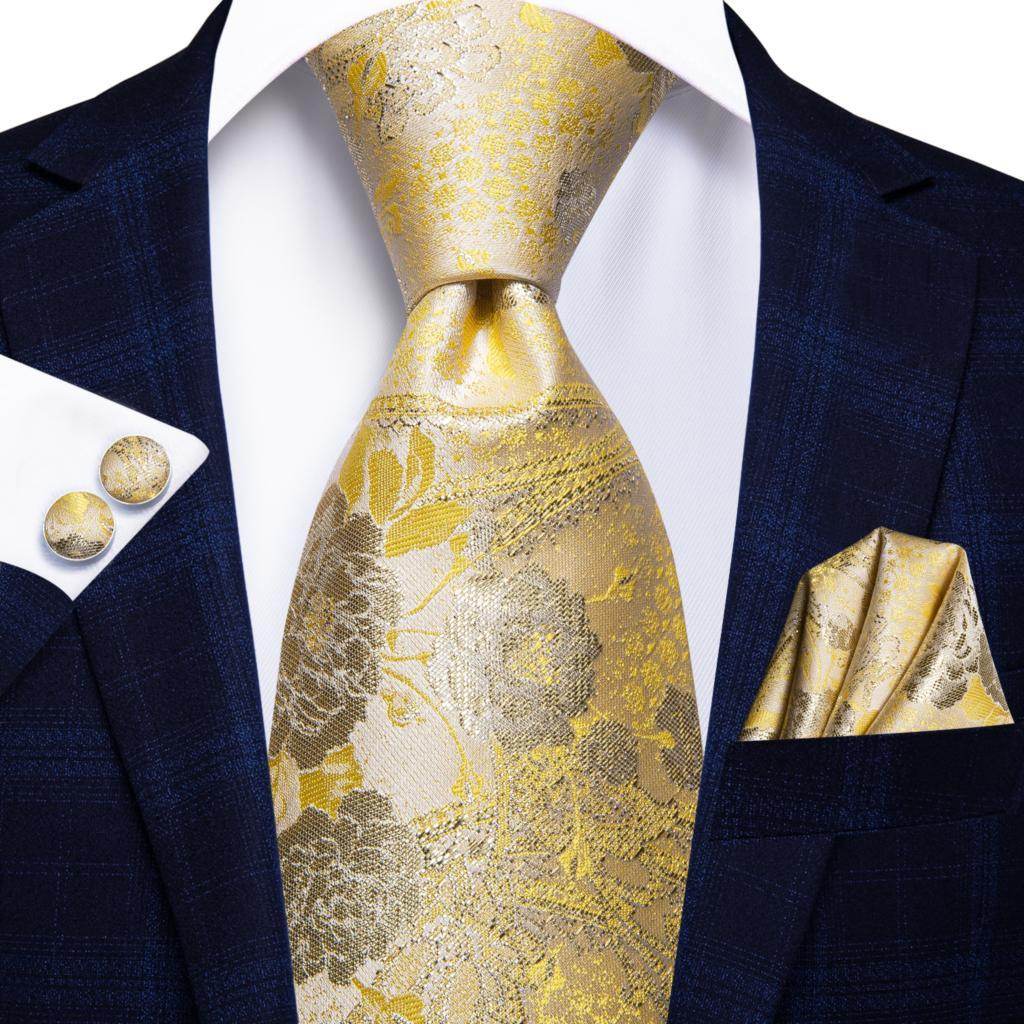 Champagne Gold Striped Paisley Solid Mens Silk Wedding Tie - VacationGrabs