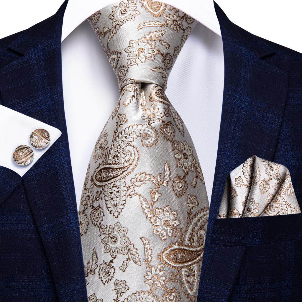 Champagne Gold Striped Paisley Solid Mens Silk Wedding Tie - VacationGrabs