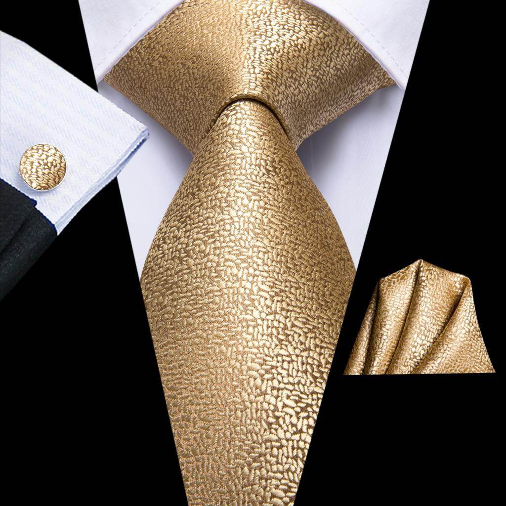 Champagne Gold Striped Paisley Solid Mens Silk Wedding Tie - VacationGrabs