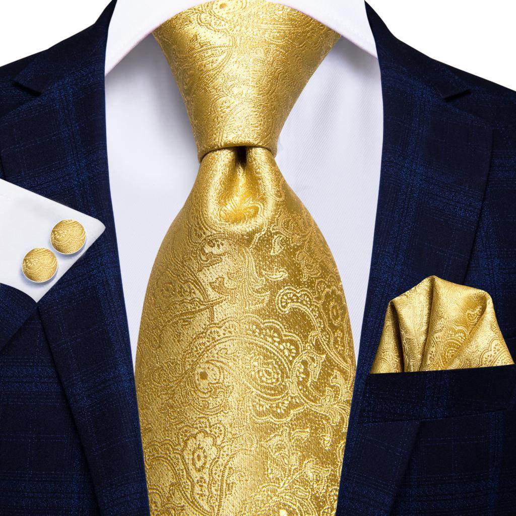 Champagne Gold Striped Paisley Solid Mens Silk Wedding Tie - VacationGrabs