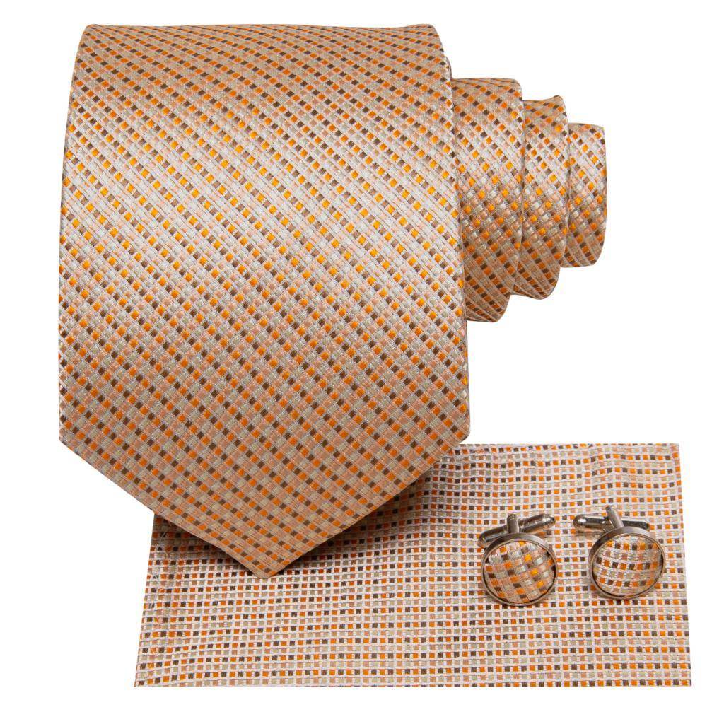 Champagne Gold Striped Paisley Solid Mens Silk Wedding Tie - VacationGrabs