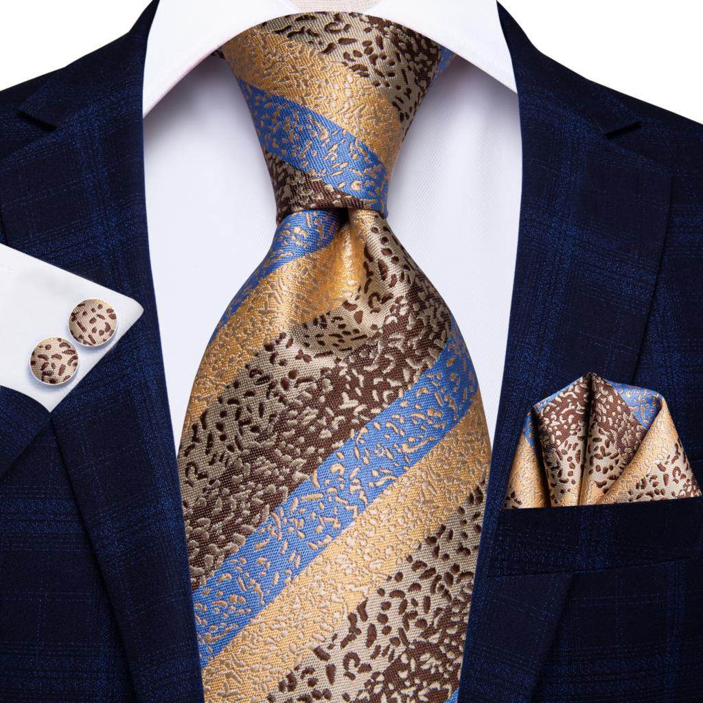 Champagne Gold Striped Paisley Solid Mens Silk Wedding Tie - VacationGrabs