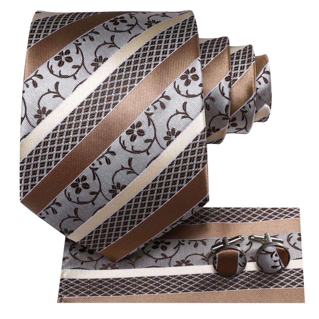 Champagne Gold Striped Paisley Solid Mens Silk Wedding Tie - VacationGrabs