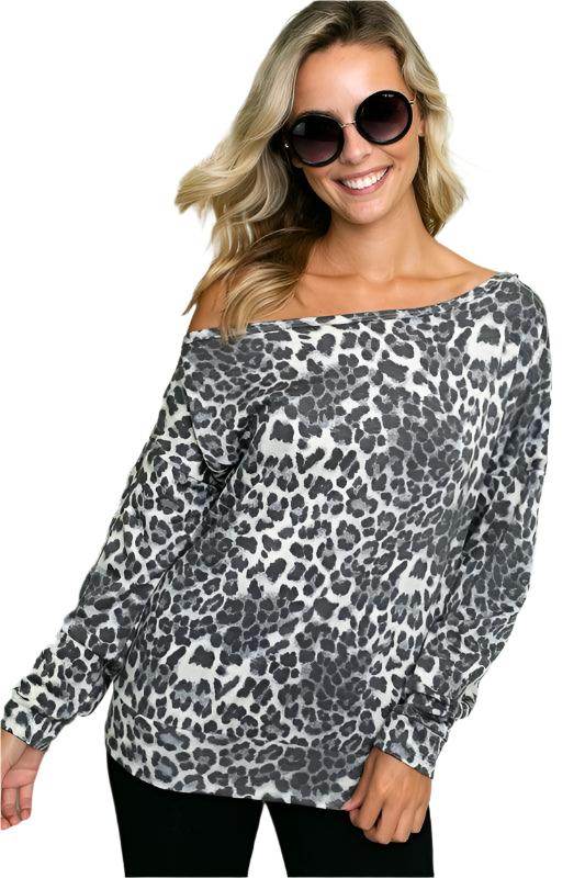 Stylish Cheetah Print One Shoulder Top for Women by e Luna, featuring a relaxed fit and long sleeves