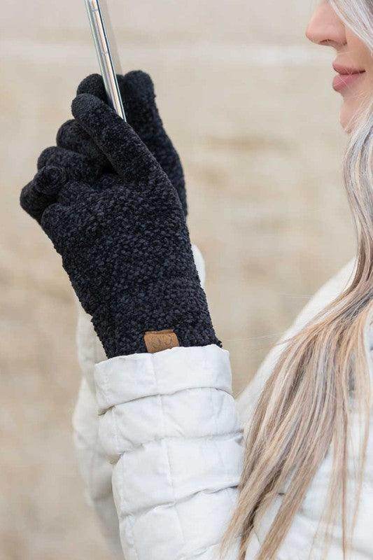 Aili's Corner black chenille touch gloves designed for touchscreen compatibility and warmth