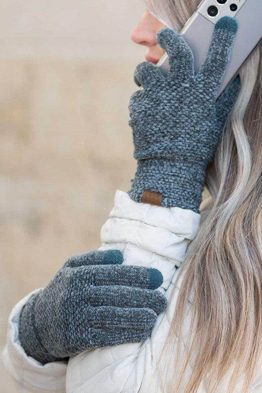 Aili's Corner chenille touch gloves in grey, perfect for using smartphones in cold weather