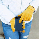Women's chenille touch gloves in mustard yellow, perfect for using touchscreen devices