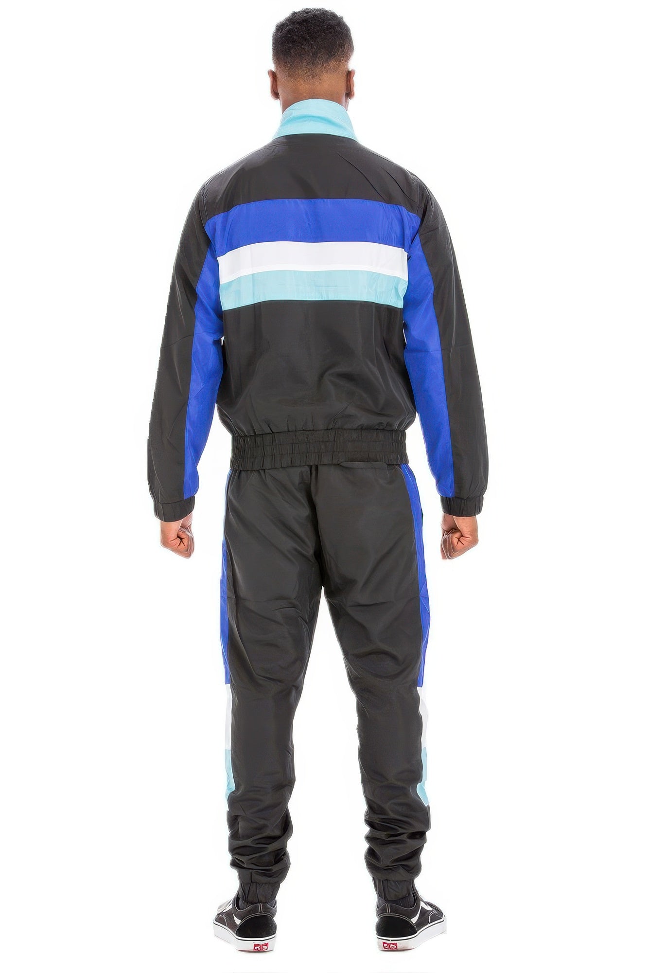 Chevron track suit for men in black and blue with a stylish design, perfect for casual outings