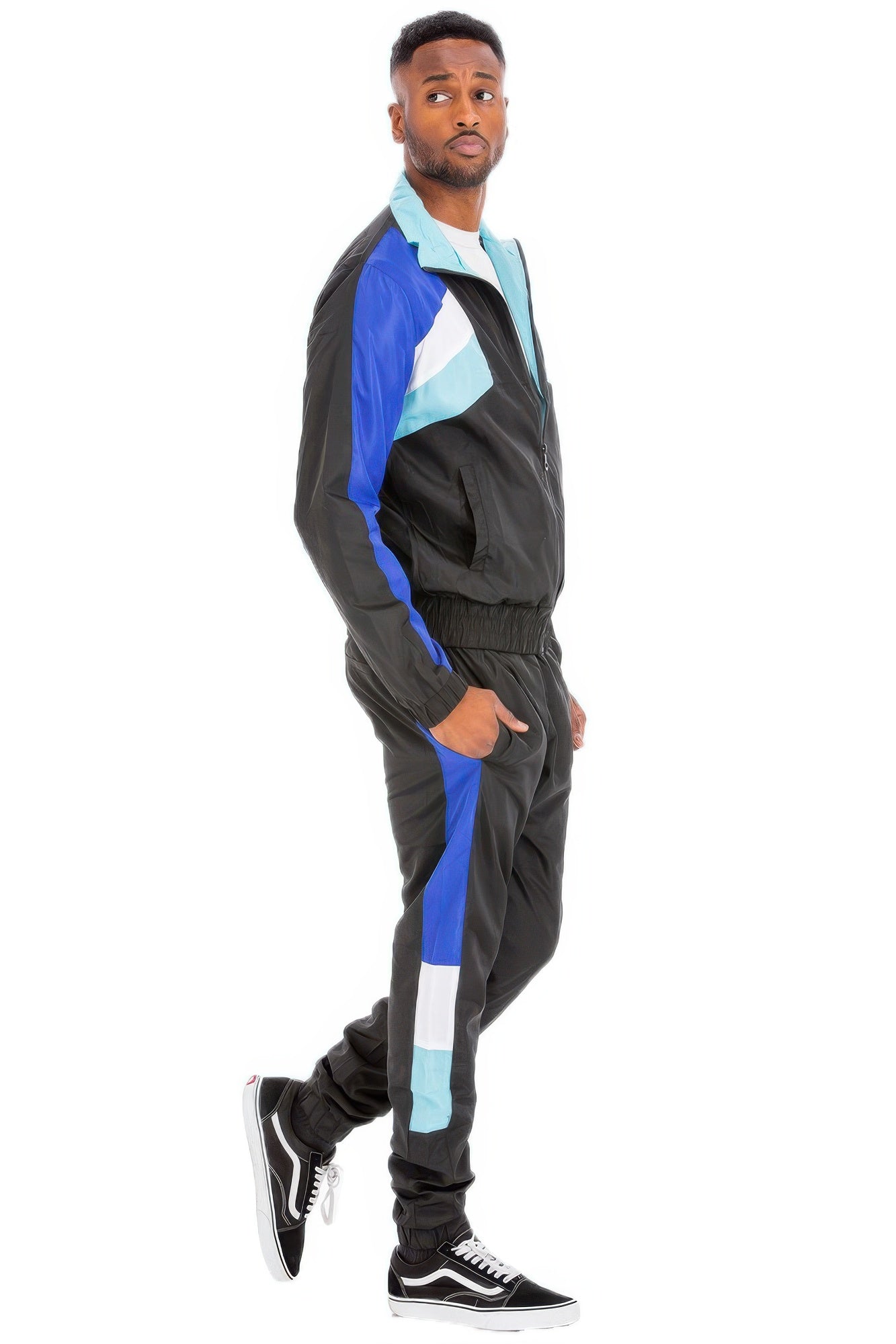 Chevron track suit for men in black, blue, and teal with a comfortable fit for casual wear