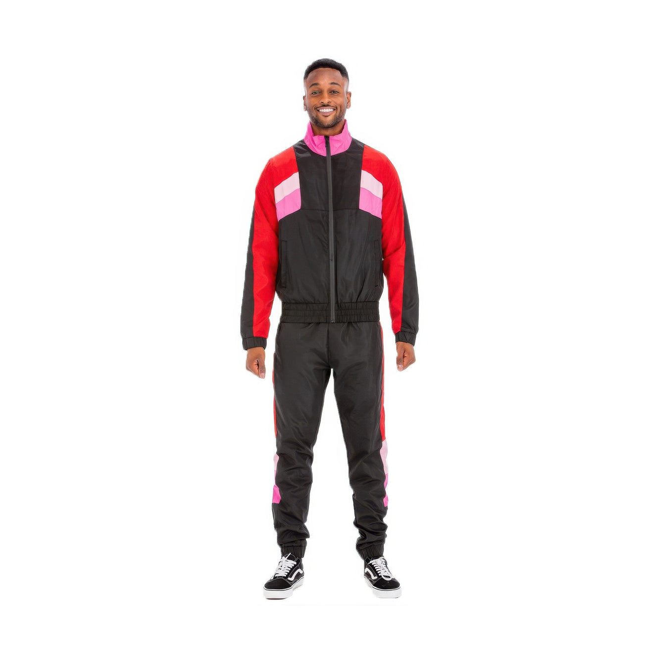 Chevron track suit for men in black, red, and pink with a stylish design for casual wear