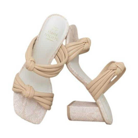 Oasis Society chic vacation heels in beige with stylish knot design and comfortable block heel