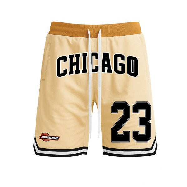 WEIV men's 23 Chicago basketball shorts in beige with black and white accents and drawstring waist