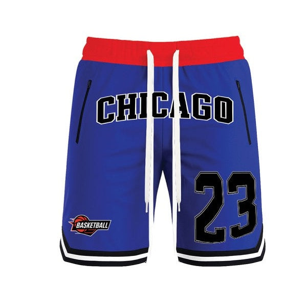 WEIV men's 23 Chicago basketball shorts in blue with red waistband and black white accents