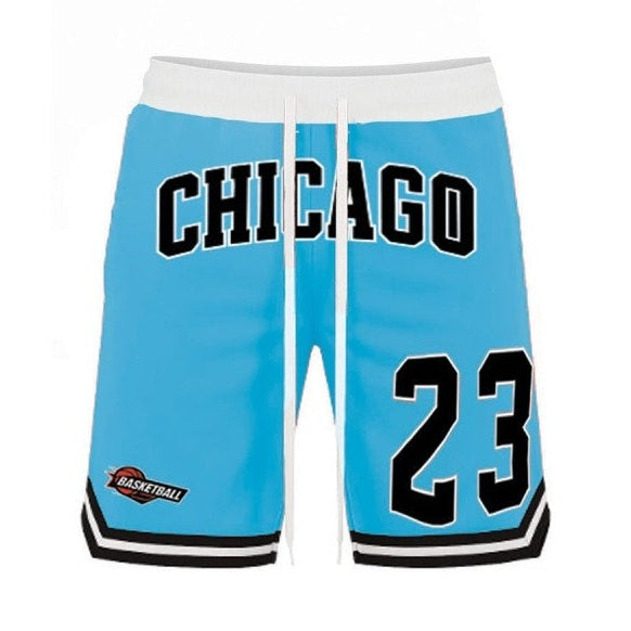 WEIV men's 23 Chicago basketball shorts in blue with black and white accents and drawstring waist