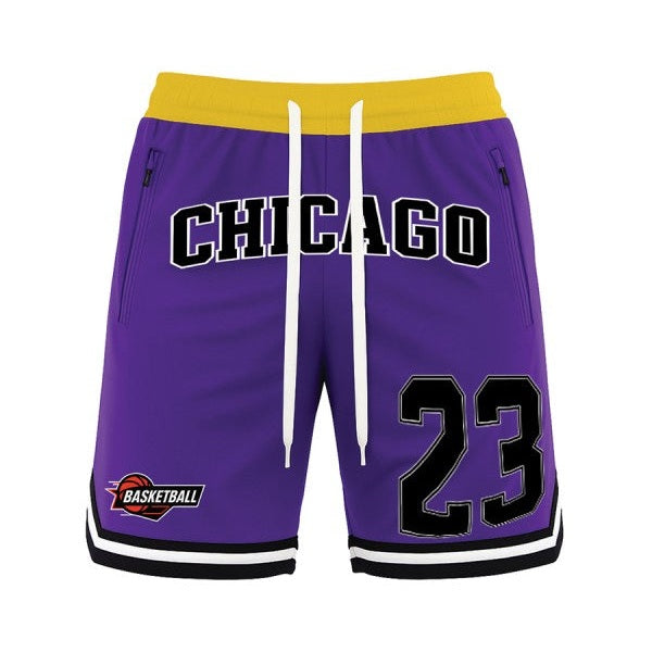 WEIV men's 23 Chicago basketball shorts in purple with yellow waistband and black white accents