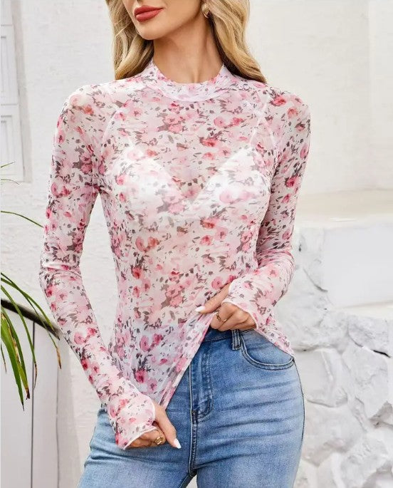 Miss Sparkling leopard print mesh shirt for women pictured in sheer pink floral variant long sleeve top with jeans