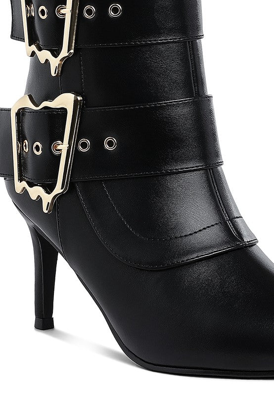 Rag Company chunky buckle ankle boots in black with stylish gold buckles and a sleek design