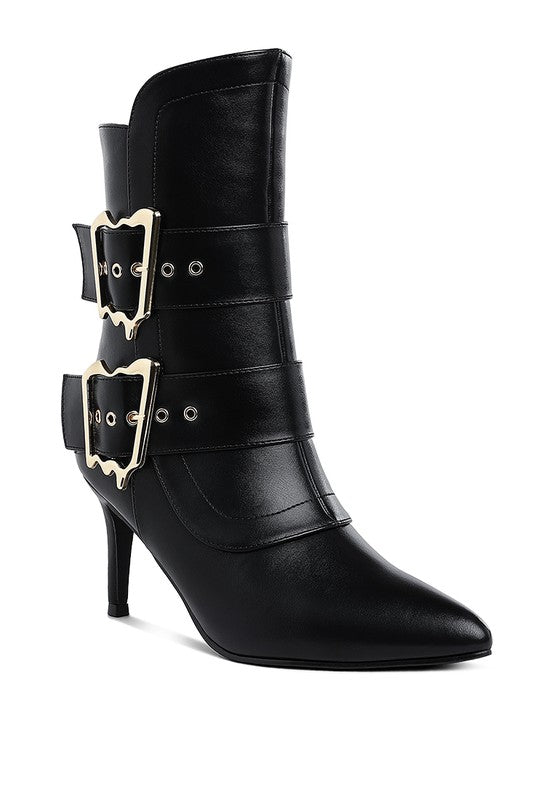Chic Rag Company chunky buckle ankle boots in black with stylish straps and pointed toe design