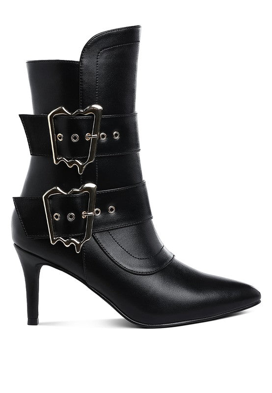 Rag Company chunky buckle ankle boots in black with stylish heels and unique buckle detail