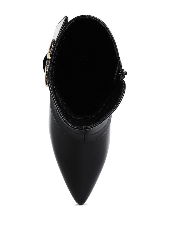 Top view of Rag Company chunky buckle ankle boots in sleek black faux leather with pointed toe