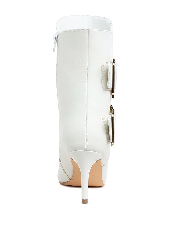 Rag Company chunky buckle ankle boots in white with a sleek design and pointed toe