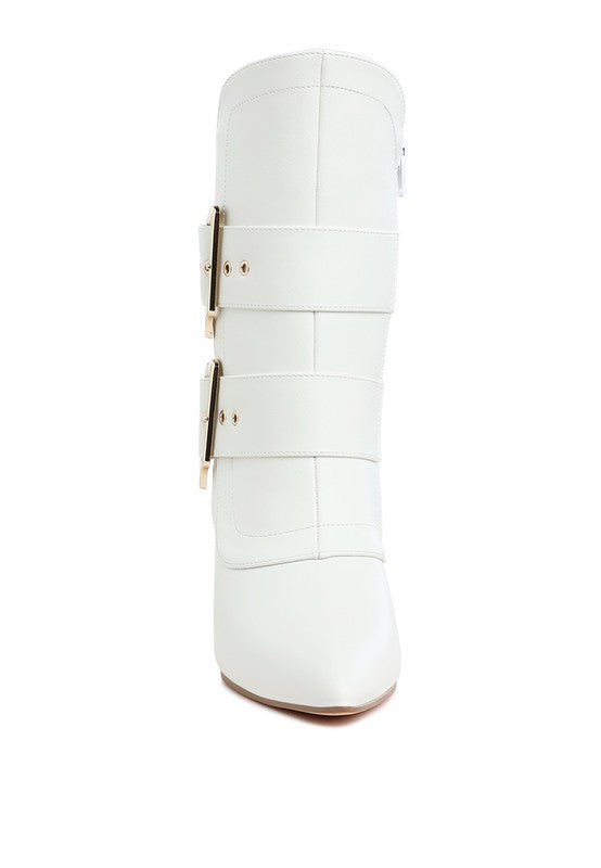 Rag Company chunky buckle ankle boots in white with a sleek design and stylish gold accents