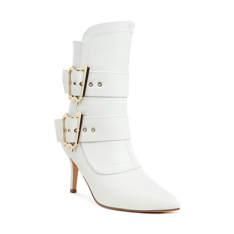 Stylish white chunky buckle ankle boots with gold accents and a pointed toe for fashionable versatility
