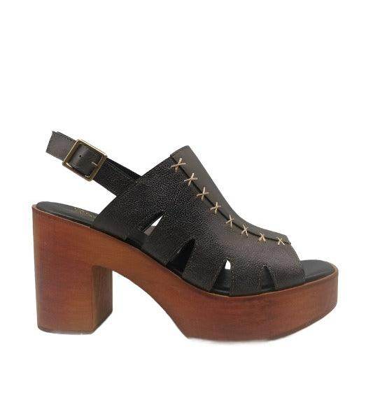 Let's See Style chunky heel leather clogs in black with cutout design and wooden base
