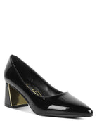Rag Company black patent leather chunky heel pumps for women with gold block heel