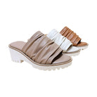 Let's See Style chunky heel slip-on sandals in beige white and brown with ruched straps and thick soles