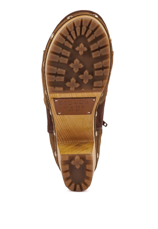 Sole of Rag Company chunky heel suede boots for women with rugged traction pattern