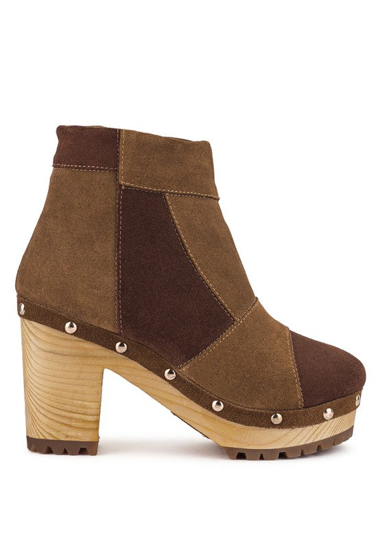 Stylish chunky heel suede boots for women with a unique wood sole and mixed brown shades