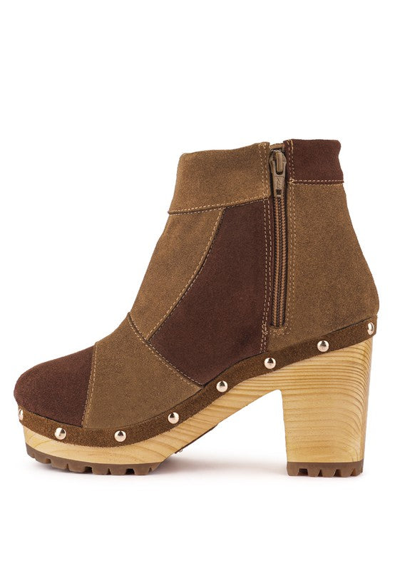 Stylish Rag Company chunky heel suede boots for women with a unique patchwork design