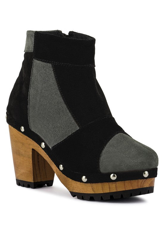 Rag Company chunky heel suede boots for women with contrasting colors and studded detailing