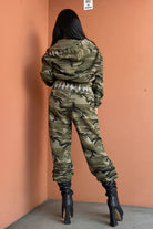 Athina womens New York inspired camouflage outfit hoodie and joggers set shown from back with black heeled boots