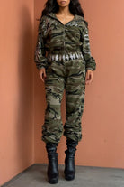 Athina womens camo two piece set with zip hoodie and joggers styled with boots New York inspired camouflage outfit