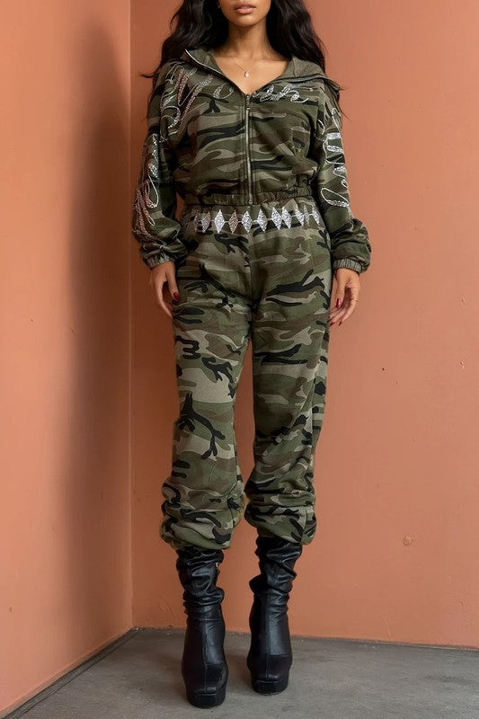 Athina womens camo two piece set with zip hoodie and joggers styled with boots New York inspired camouflage outfit
