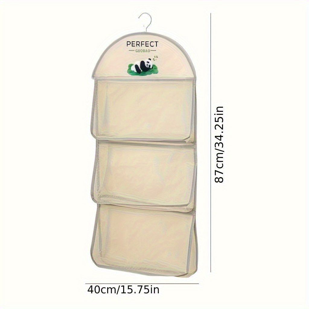 Beige closet hanging organizer with three shelves for efficient storage