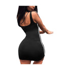 Black sleeveless clubwear short dress for women with white side stripes and fitted design