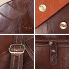 Close-up details of a small leather satchel for vacations showcasing quality stitching and hardware
