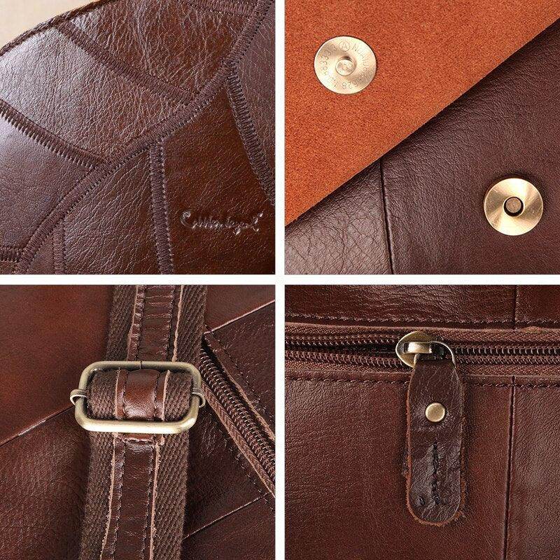 Close-up details of a small leather satchel for vacations showcasing quality stitching and hardware