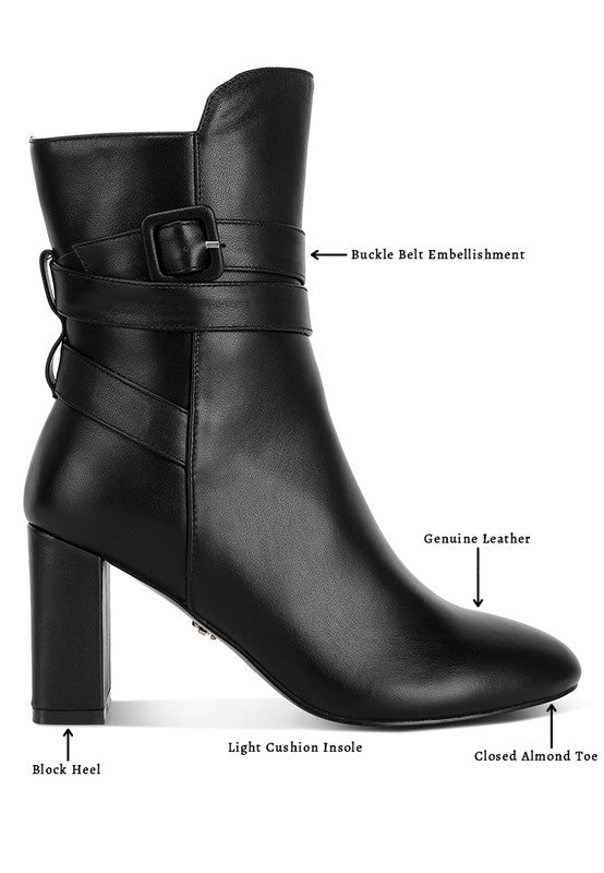 Rag Company cobra buckle boots in black leather with block heel and buckle belt embellishment