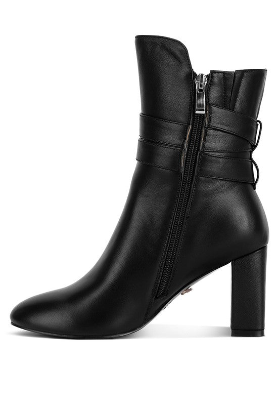 Rag Company cobra buckle boots in black leather with stylish heel and zip closure