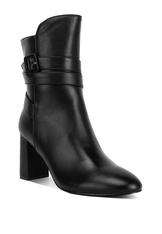 Rag Company cobra buckle boots in black leather with a stylish block heel