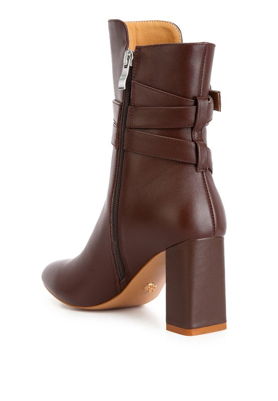 Rag Company cobra buckle boots in dark brown with stylish block heel and zip closure