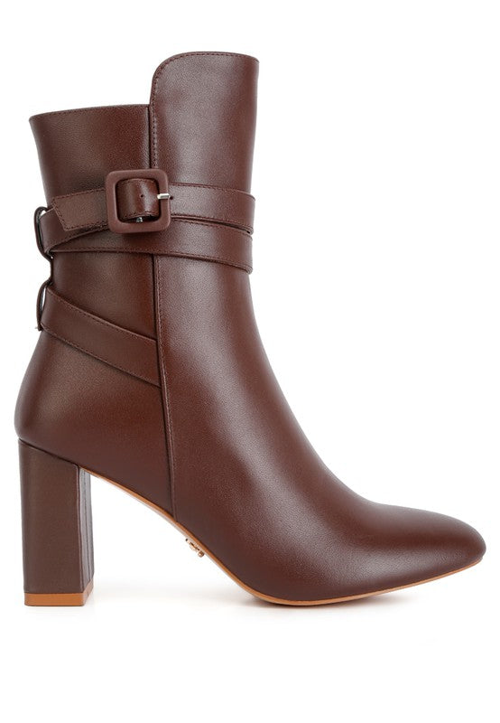 Rag Company cobra buckle boots in brown with a stylish ankle design and block heel