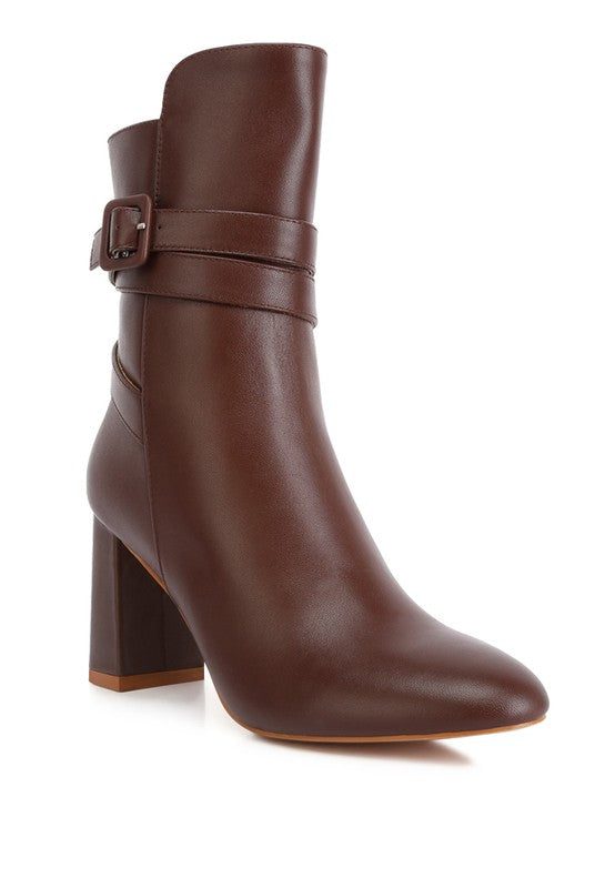 Brown Rag Company cobra buckle boots with block heels for stylish women's footwear
