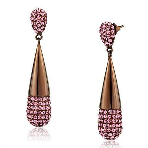 VacationGrabs coffee colored drop earrings adorned with pink crystals for a stylish look